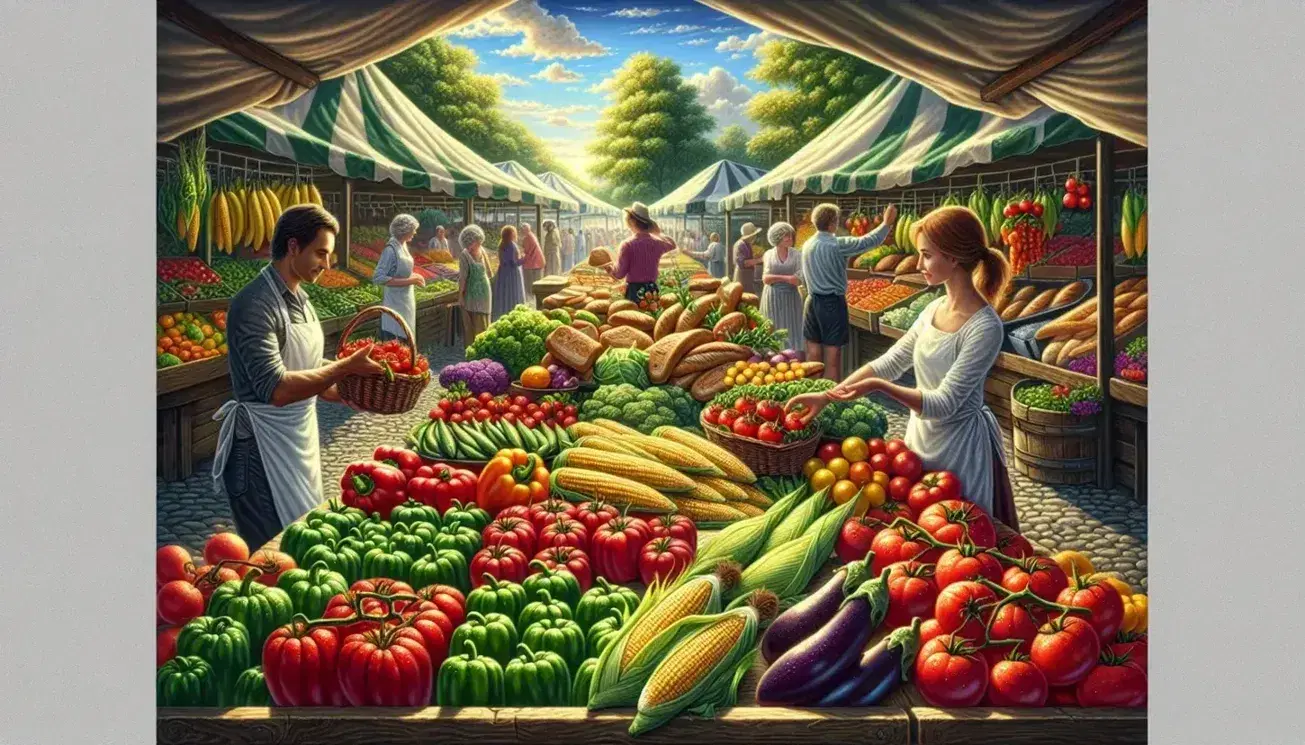 Vibrant farmers' market with fresh vegetables on a table, a vendor offering a basket to a customer, and various stalls under a clear blue sky.