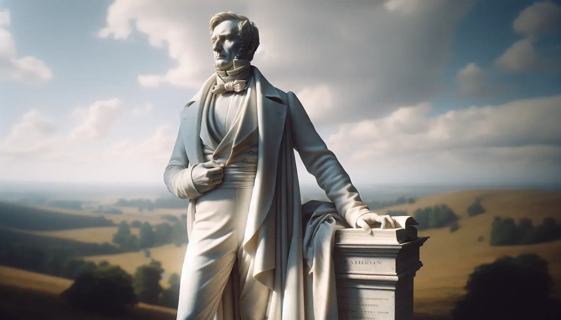 Statua in marmo di figura del Risorgimento italiano con soprabito e cravatta, mano su libro aperto, sfondo paesaggio ottocentesco.