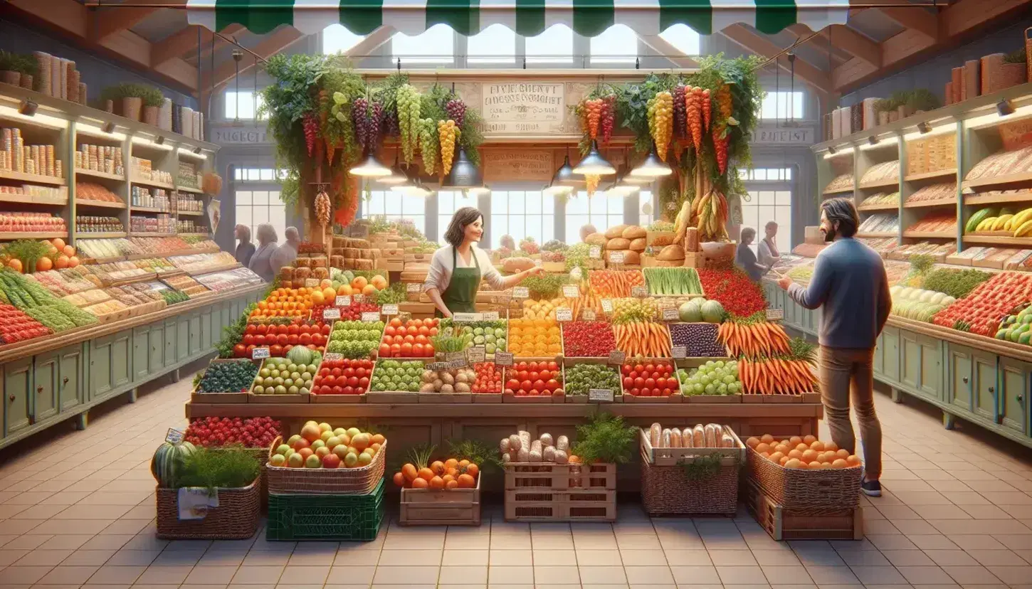 Mercato vivace con banco di frutta e verdura fresca, venditore sorridente in grembiule verde e cliente in giacca blu.