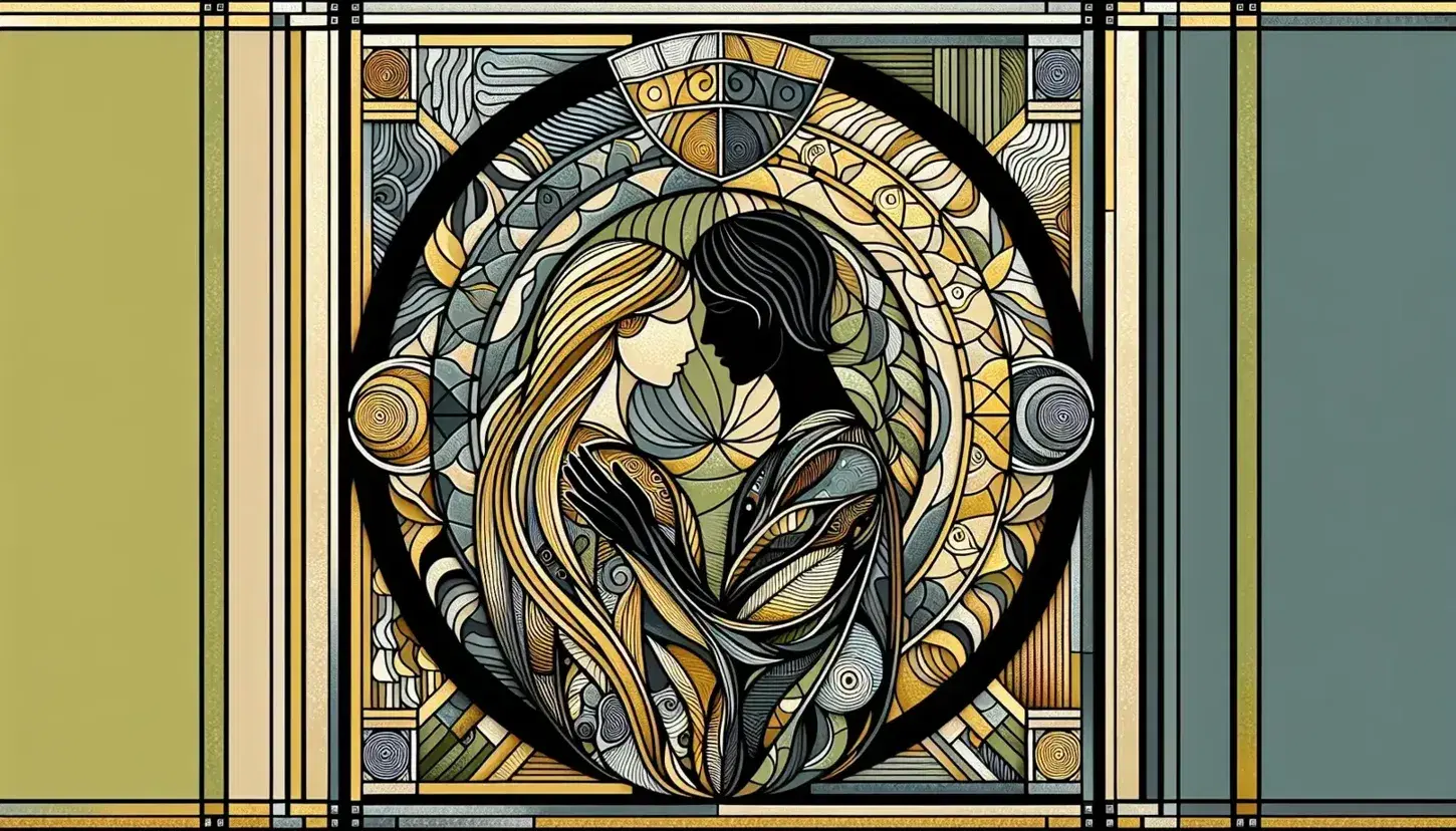 Due figure umane abbracciate in un mantello decorato con motivi geometrici e organici in oro, nero e argento, su sfondo sfumato verde-giallo.