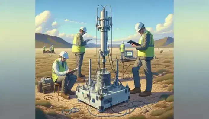 Tres científicos con cascos y chalecos reflectantes trabajan en el campo con un sismógrafo portátil, tomando notas y usando un GPS, bajo un cielo azul.