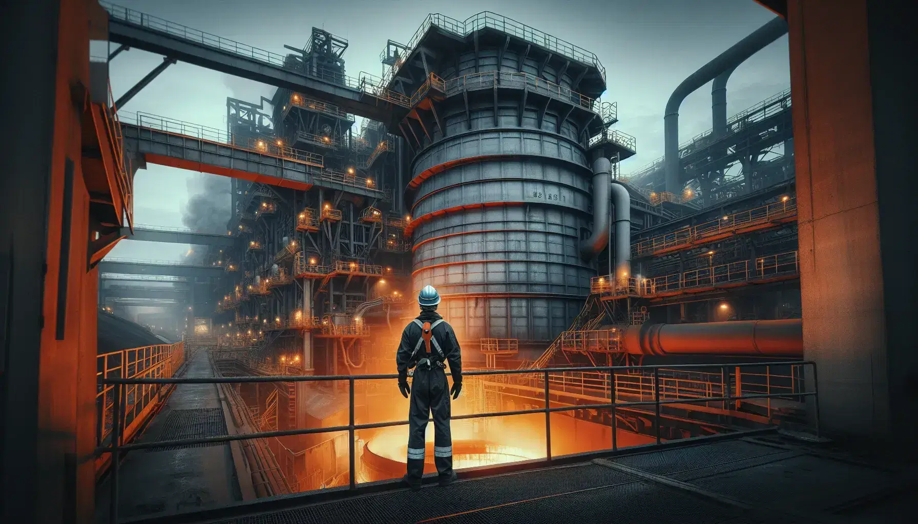 Trabajador con equipo de protección supervisa horno de fundición en industria siderúrgica, con estructuras metálicas y luminiscencia naranja de metal fundido.