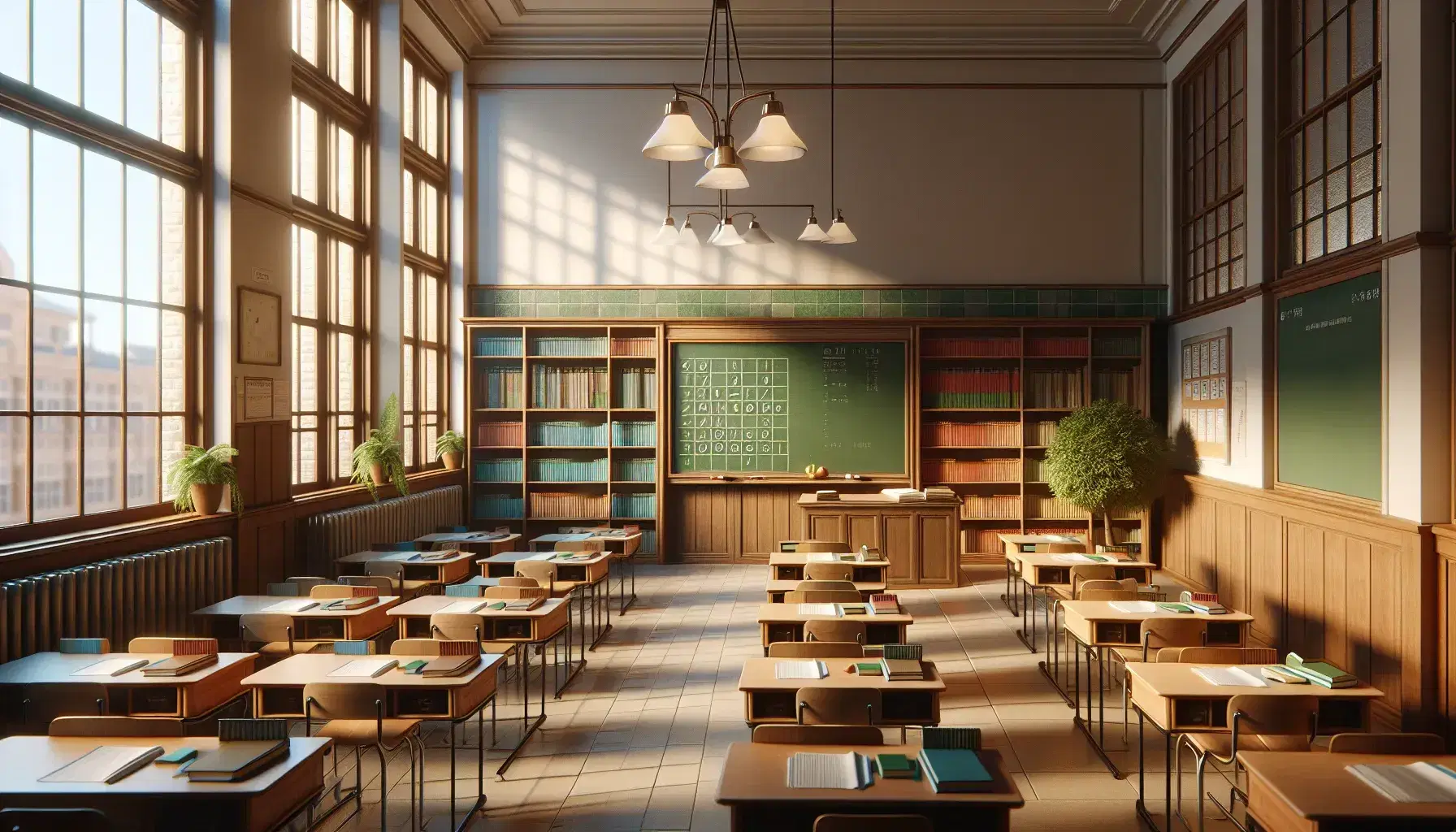 Aula escolar vacía con pupitres de madera, pizarra verde, estantería con libros y planta, iluminada por luz natural.