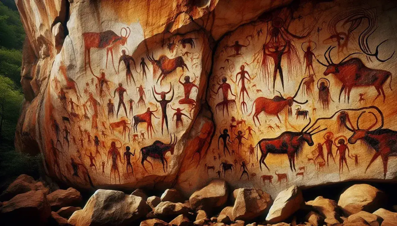 Pitture rupestri preistoriche su parete rocciosa con figure umane stilizzate e animali come bovini e cavalli, in scene cerimoniali.