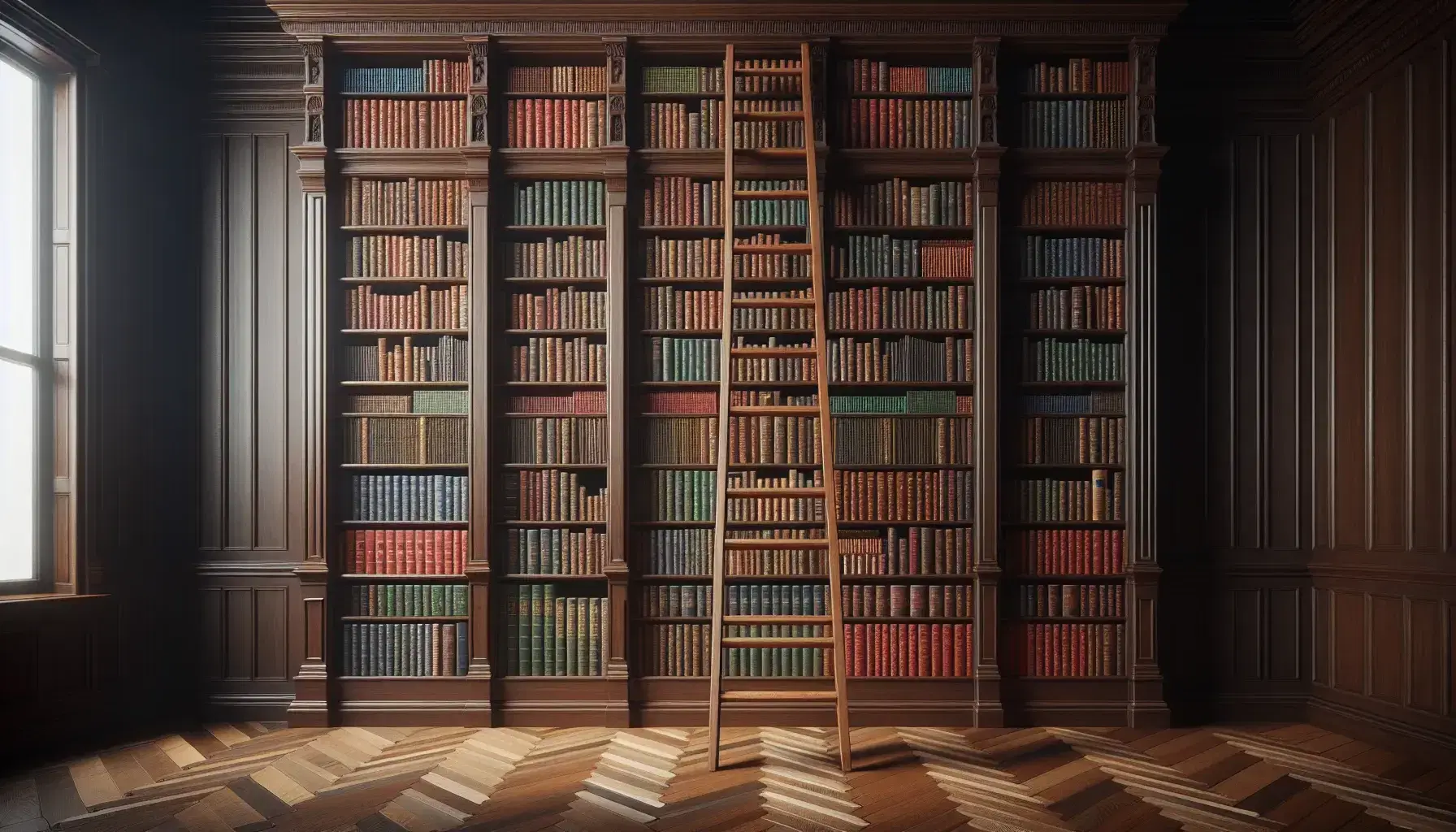 Traditional wooden staircase leaning against a dark mahogany bookcase full of hardback books, herringbone wooden floor.