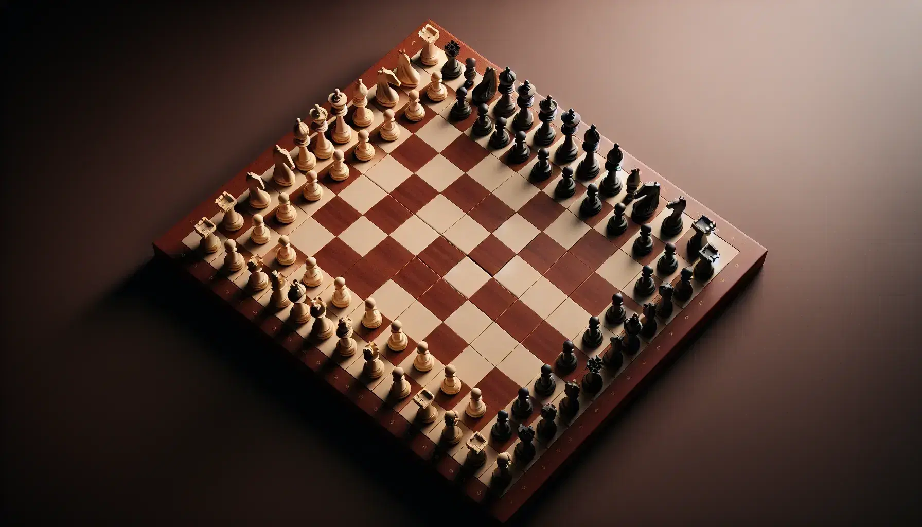 Chessboard with a game in progress, showcasing black and white pieces strategically positioned in a mid-game layout on a mahogany surface.