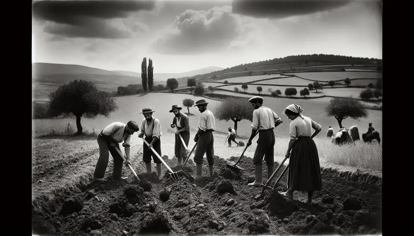 Contadini spagnoli lavorano la terra negli anni '30, con uomini in cappelli e donna con fazzoletto, in un paesaggio rurale nuvoloso.
