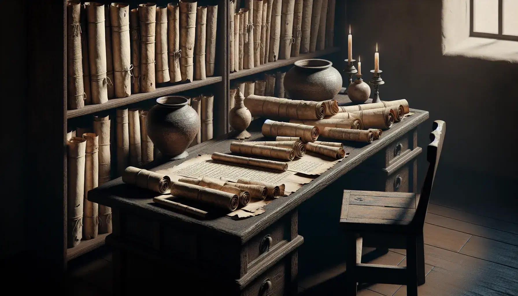 Escena antigua con mesa de madera oscura, pergaminos desenrollados, lámparas de aceite cerámicas y estantería con más rollos en fondo de piedra.