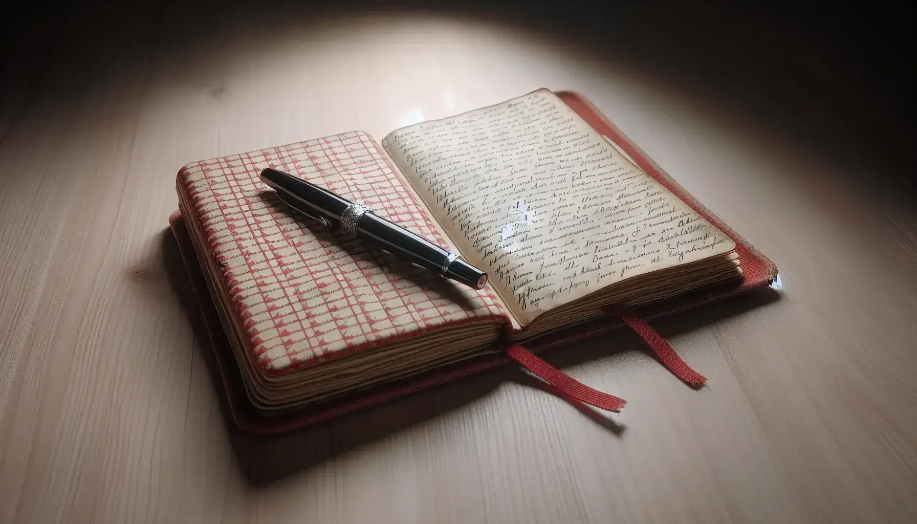 Réplica del diario de Ana Frank con tapa de cuadros rojos y blancos y pluma fuente negra sobre superficie de madera clara, evocando la escritura íntima.