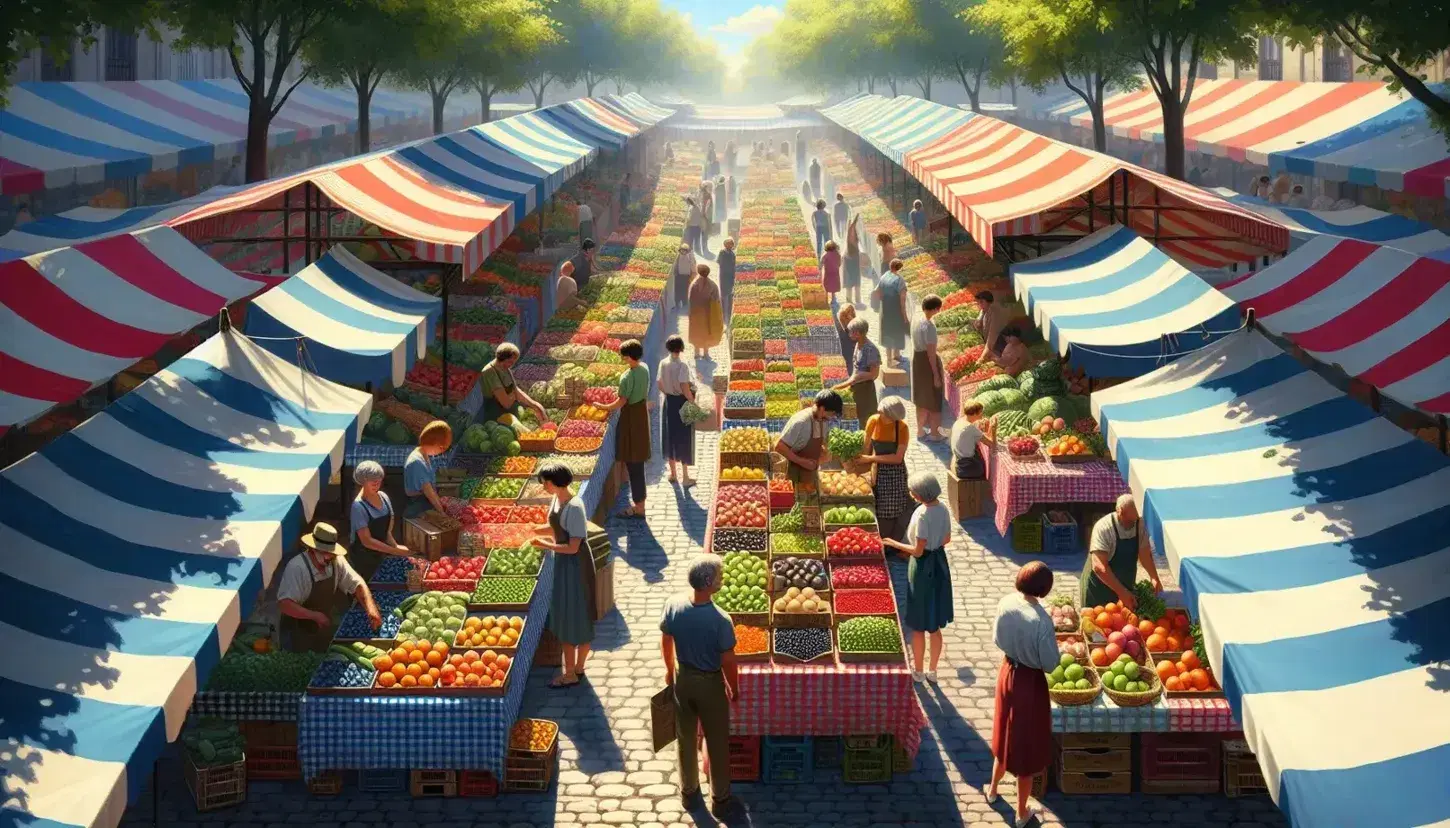 Mercato all'aperto con banchi colorati di frutta e verdura, venditori e clienti interagiscono sotto alberi frondosi in una giornata soleggiata.