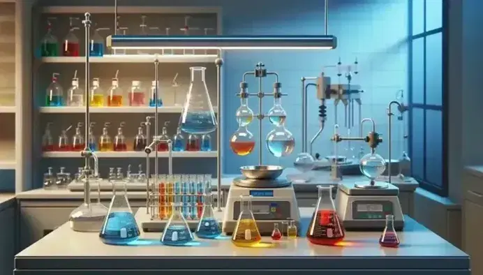 Laboratorio de química con matraces Erlenmeyer de líquidos coloridos, balanza analítica y agitador magnético, reflejando un ambiente de investigación científica.