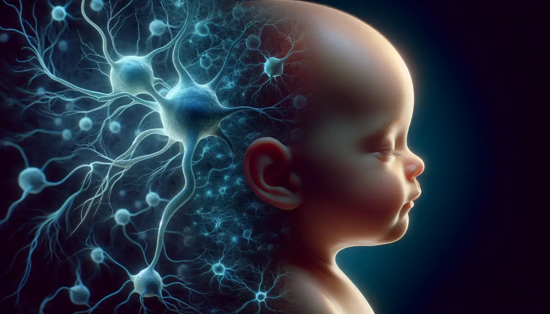 Cabeza de bebé y adulto en perfil con ojos cerrados sobre fondo de neuronas azules entrelazadas, simbolizando el desarrollo humano y cerebral.