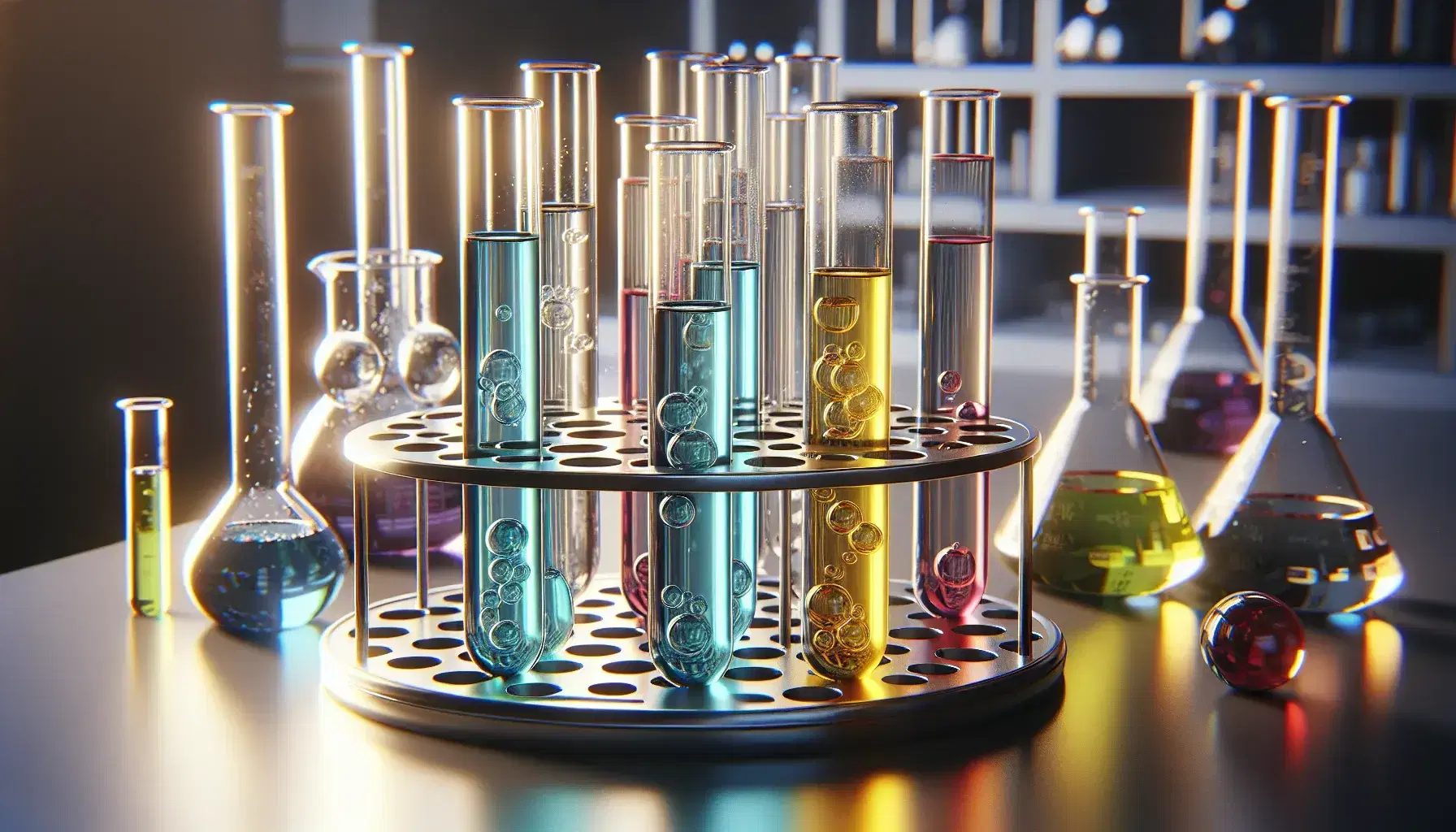 Primer plano de tubos de ensayo de vidrio con líquidos de colores azul claro, amarillo limón y rojo rubí en soporte metálico, en un laboratorio químico.
