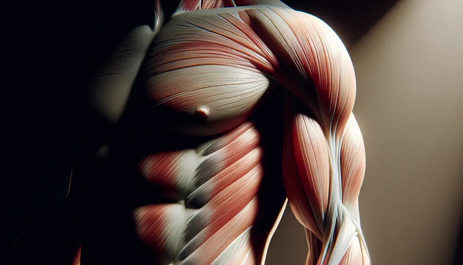 Muscoli definiti e tesi durante esercizio fisico, con sfumature di colore dalla pelle rosa pallido al rosso per l'intensità dell'allenamento.