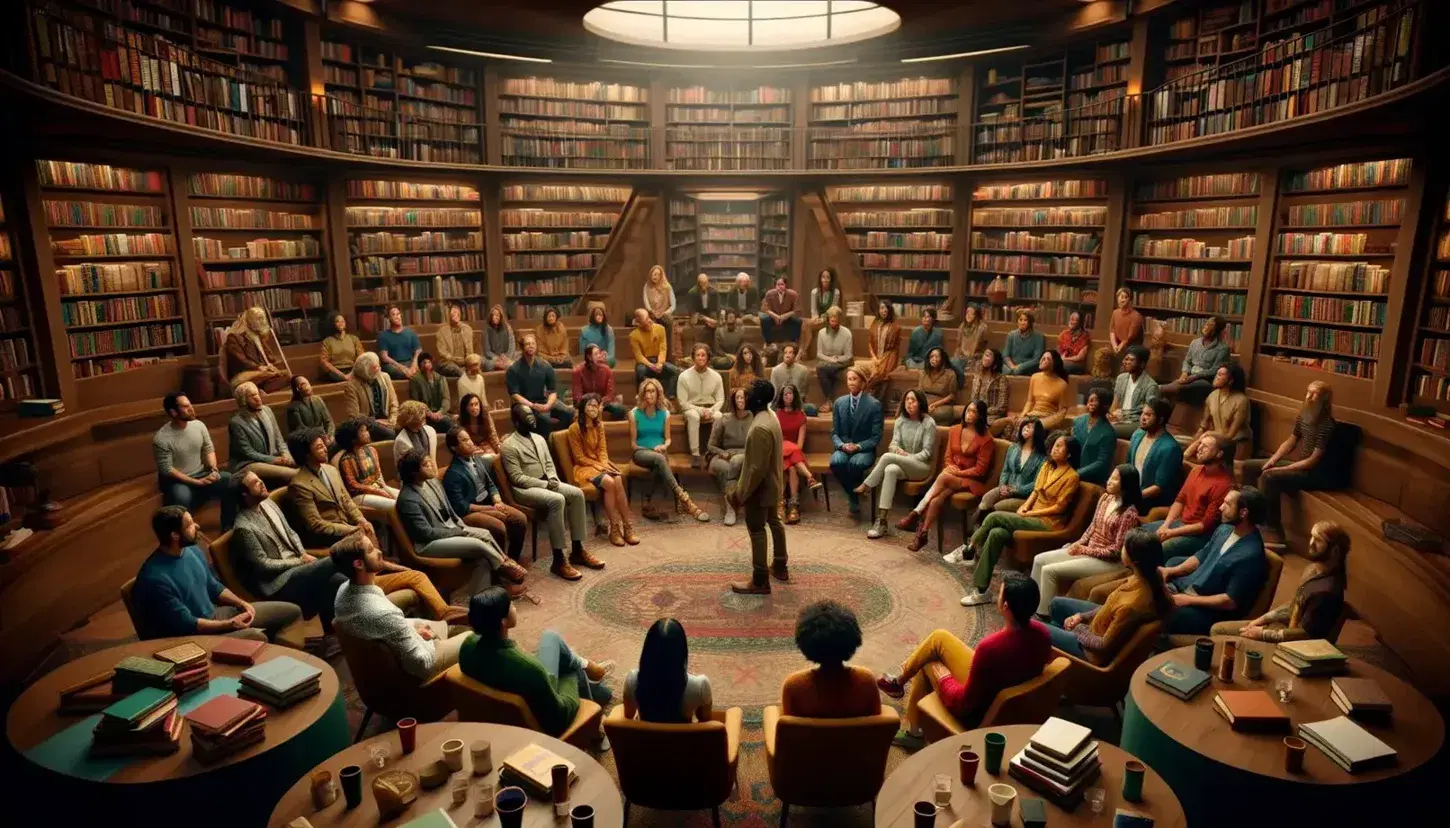 Grupo diverso de personas sentadas en semicírculo en una biblioteca escuchando a un orador, con estantes de libros y una mesa con libros y una taza al frente.