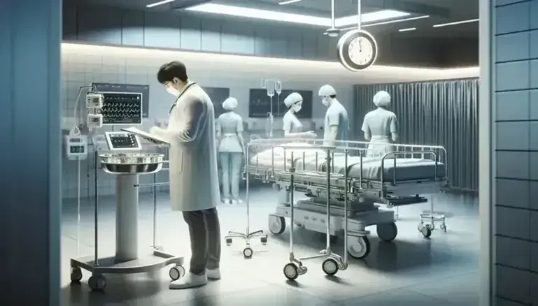 Profesionales de la salud trabajando en un hospital, con un médico revisando un expediente, enfermeras ajustando equipo médico y un cirujano lavándose las manos.