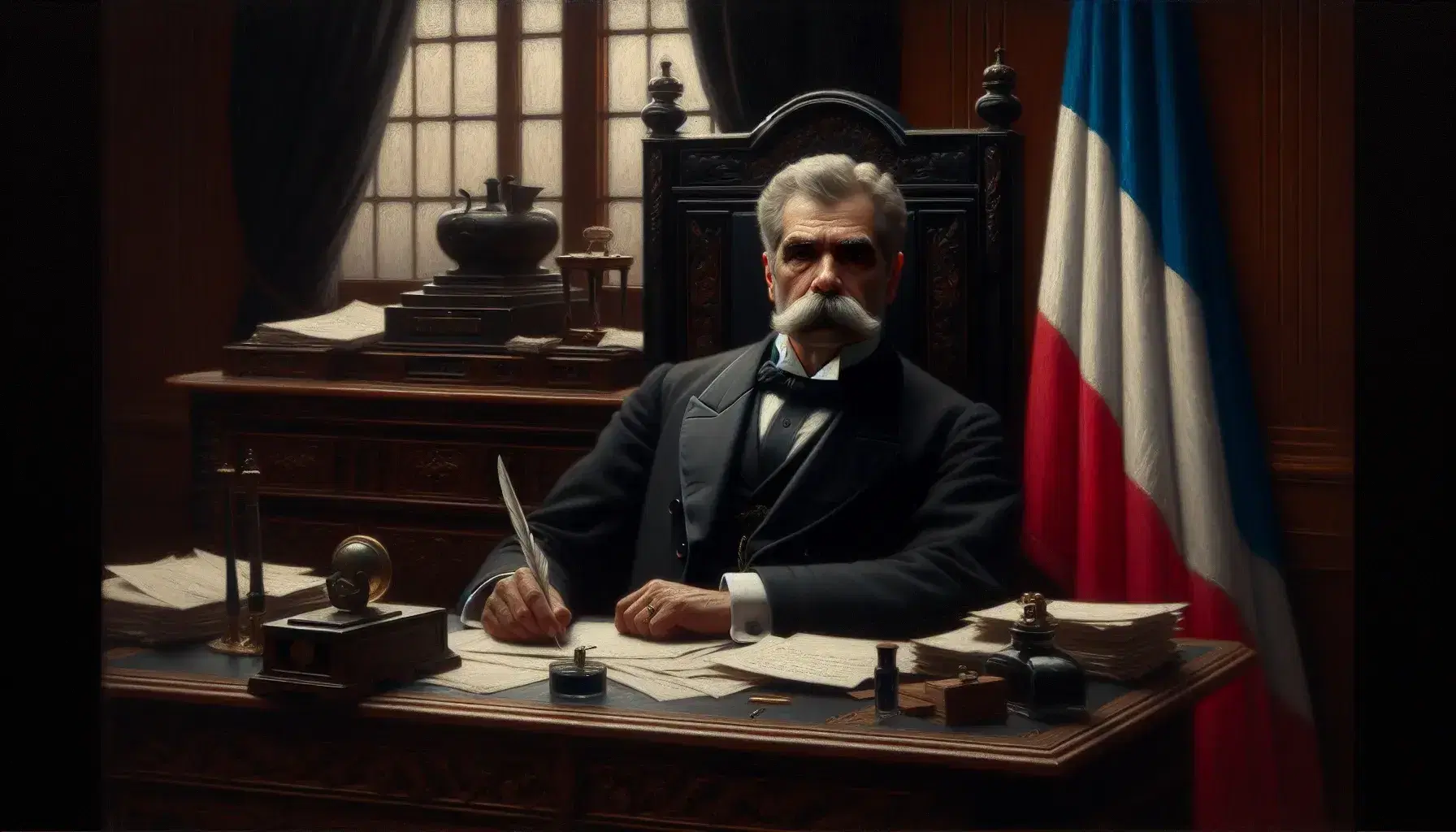 Elderly gentleman with white mustache at a 20th-century desk, focused on paperwork, near a French flag in a high-ceilinged room with natural light.