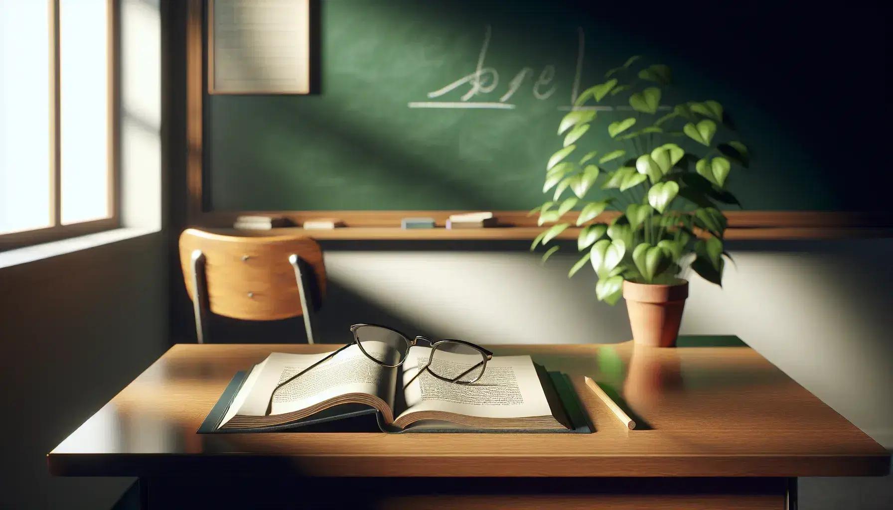 Serene classroom with polished teacher's desk, open textbook, round-rimmed eyeglasses, clean chalkboard, potted plant, and wooden chair in soft natural light.
