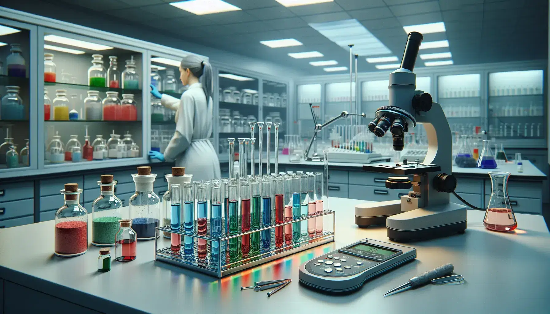 Laboratorio científico con tubos de ensayo de colores en soporte metálico, microscopio, balanza analítica y técnico examinando muestras.