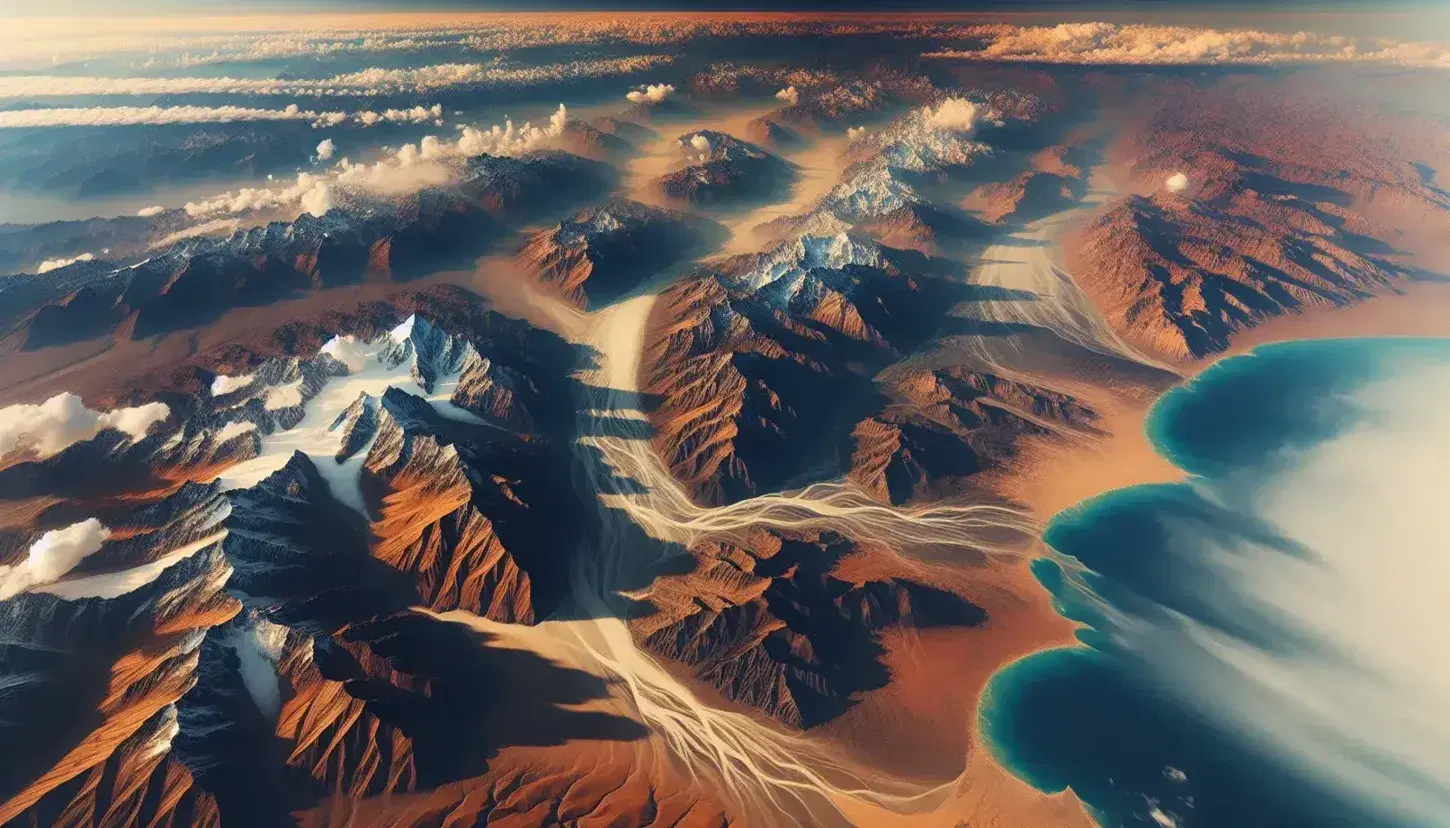 Vista aerea di una catena montuosa innevata con foreste, deserto adiacente e oceano scintillante sotto un cielo nuvoloso.