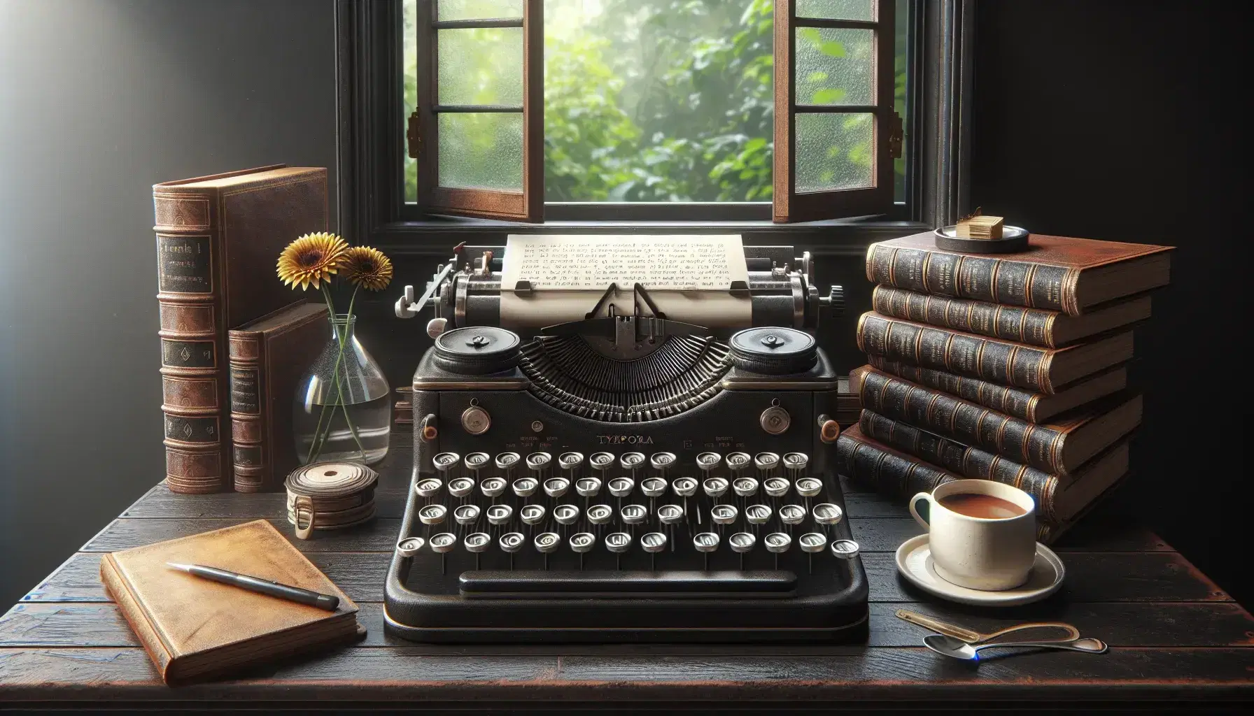 Máquina de escribir antigua con teclas redondas sobre mesa de madera oscura, libros encuadernados en cuero, ventana con vista a árboles y taza de café, junto a flor amarilla en jarrón.