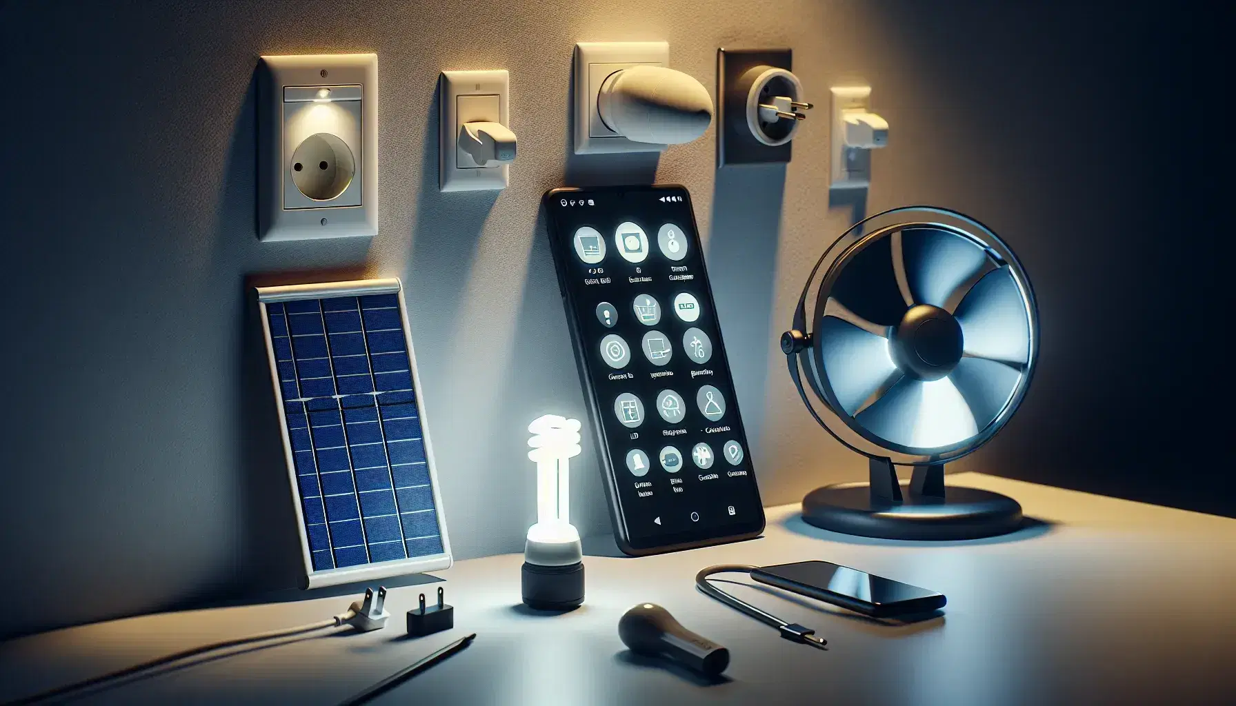 Cellulare nero con schermo acceso e icone app, lampadina LED accesa, presa con caricabatterie, ventilatore tavolo acceso e pannello solare blu.