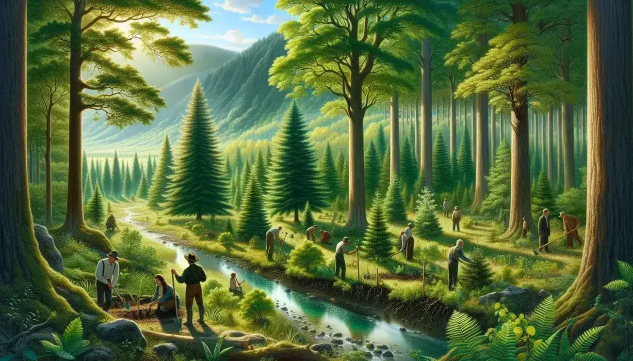 Lush green forest with diverse trees and a clear stream, people planting saplings in the background, under a sunny sky with wispy clouds.
