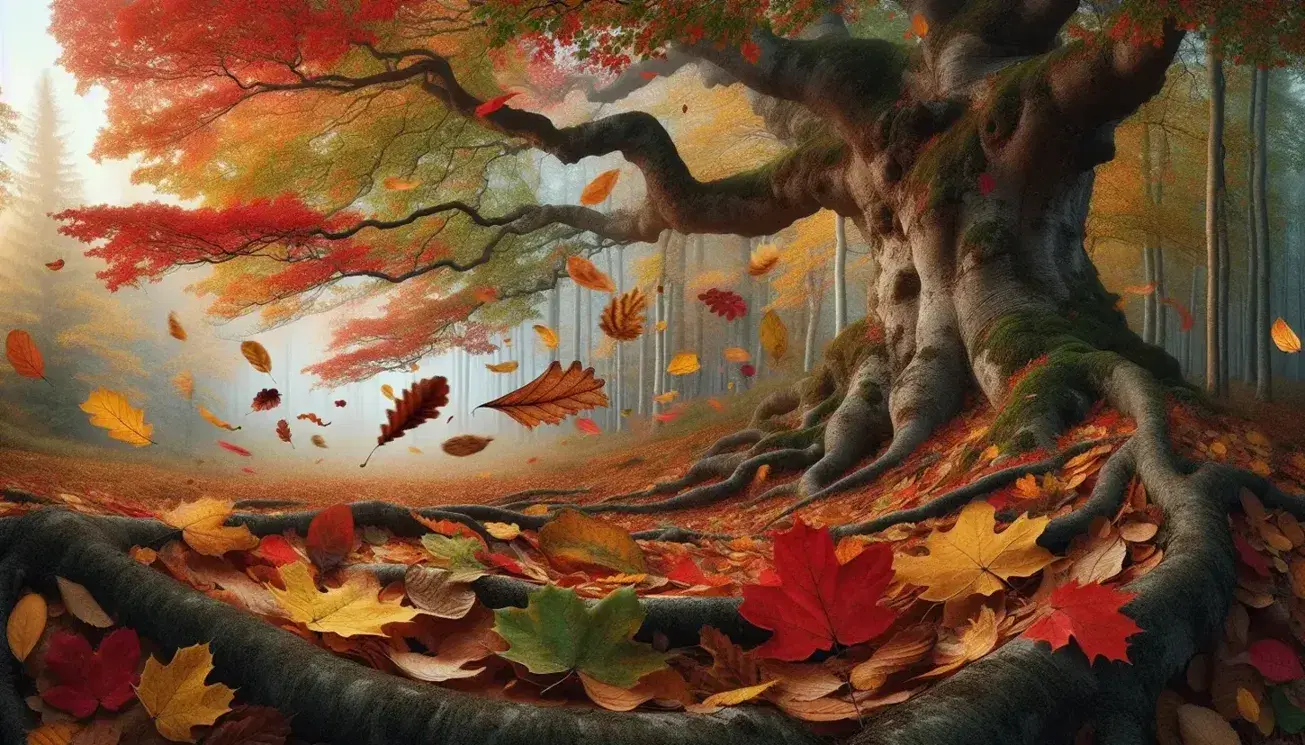 Vibrant autumn leaves in red, orange, and yellow hues swept up by the wind, with a gnarled tree and a soft-focus forest under an overcast sky.