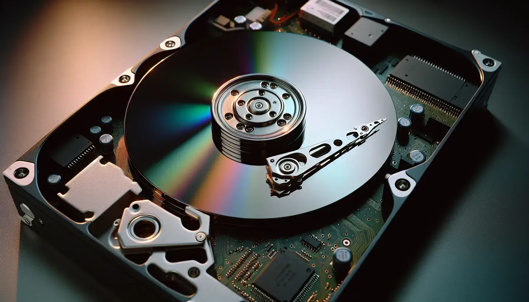 Close-up of an open hard drive showing the reflective platter, read-write arm and green control board.