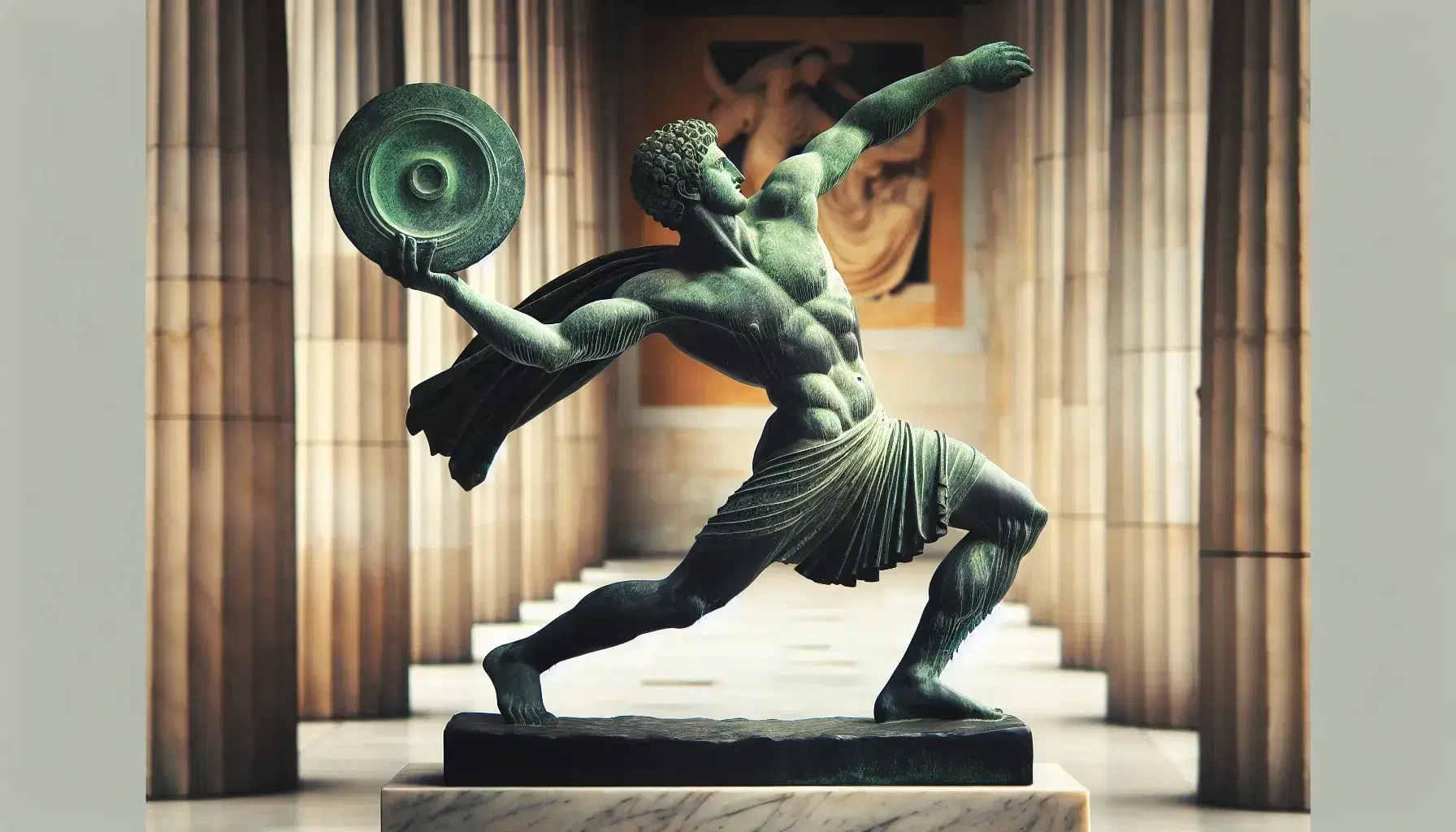 Statua in bronzo di discobolo greco in posa di lancio con sfondo sfocato di elementi architettonici classici, illuminata da luce naturale.