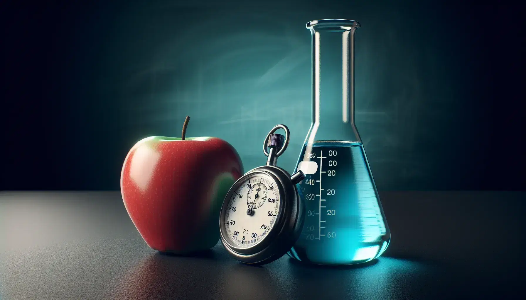 Laboratory beaker half-filled with blue liquid on a black surface beside a glossy red apple and a mechanical stopwatch on a green chalkboard background.