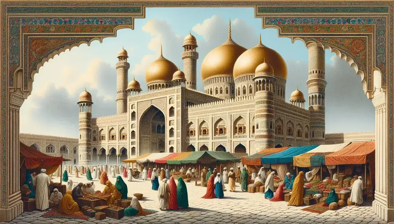 Scena vivace di un antico bazar arabo con moschea dai grandi domi dorati, minareto alto e persone in abiti tradizionali.