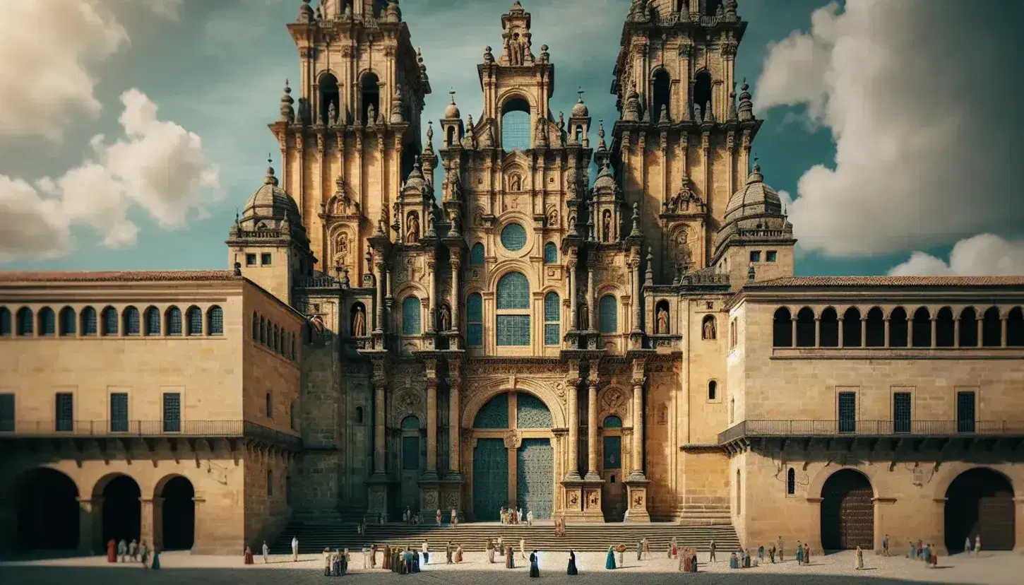 Fachada de la Catedral de Santiago de Compostela con arcos románicos, columnas robustas y una torre cuadrada, bajo un cielo azul con nubes dispersas.