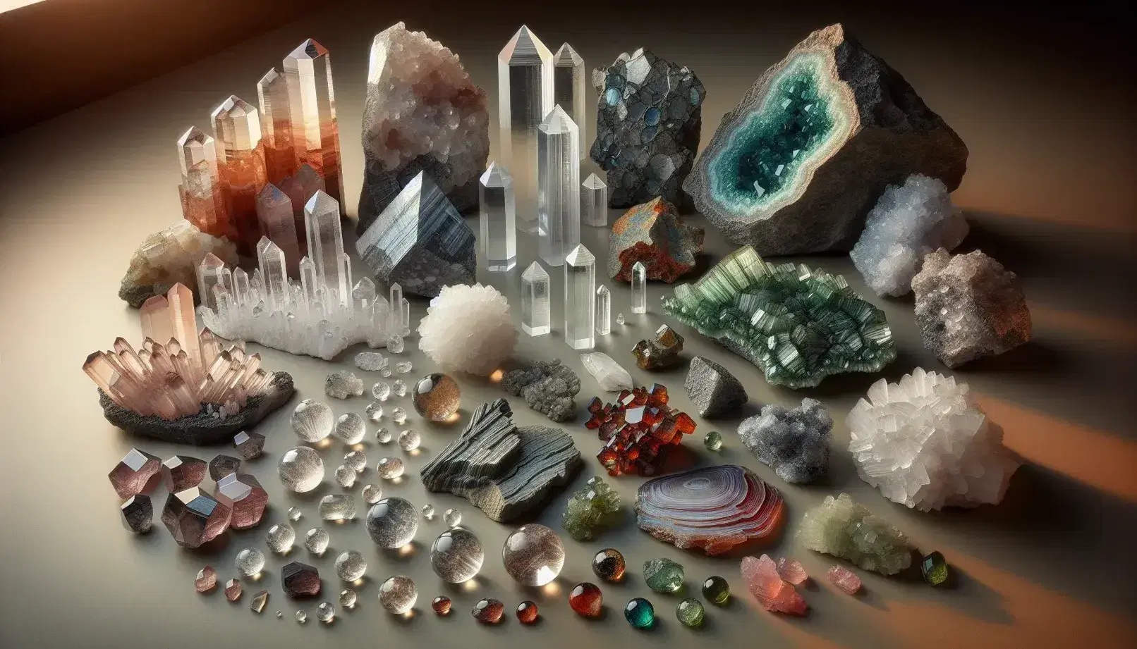 Colección de minerales naturales con cristales de cuarzo transparentes, capas de mica sedosa, olivina verde, granate rojo intenso y rocas ígneas con silicatos en superficie neutra.