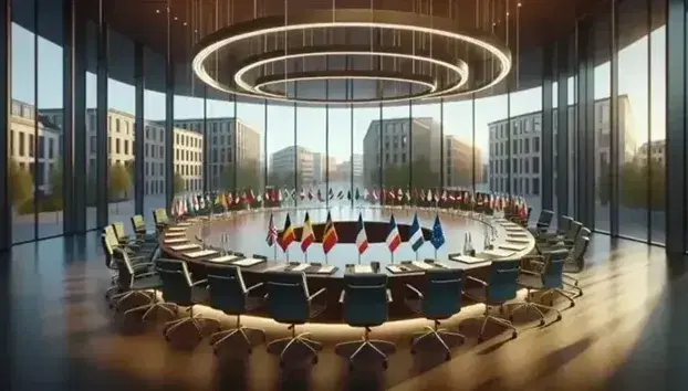 Round table with EU member states' flags in a modern conference room, empty chairs, polished wood table, and cityscape through large windows.