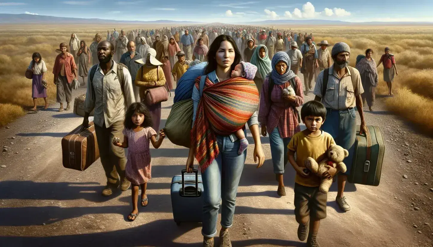 Diverse group walking on dirt path with belongings, woman carrying child, man with duffel bag and boy with teddy bear, in a barren landscape.