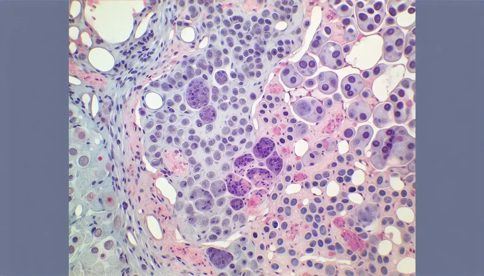 Vista microscópica de tejido linfoide con células de distintos tamaños en tonos rosa pálido y morado, destacando su estructura celular y núcleos.