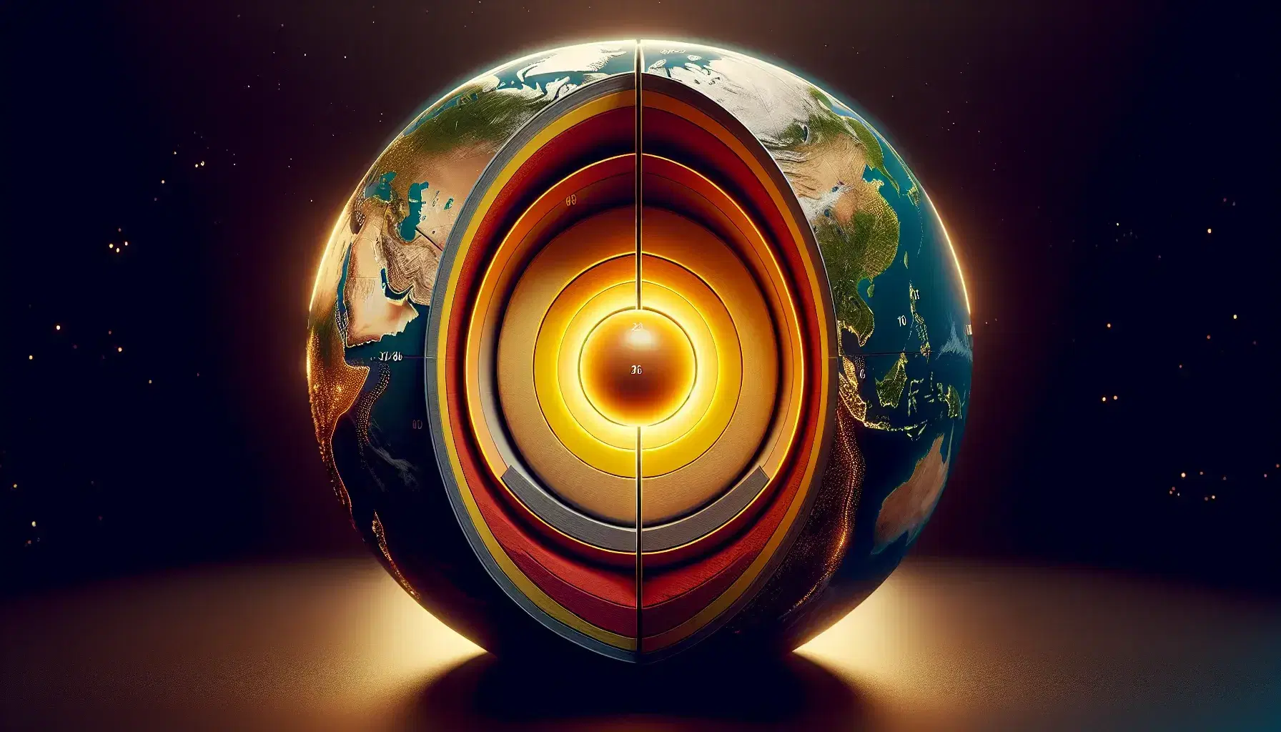 Sezione trasversale della Terra che mostra il nucleo interno giallo-arancio, il nucleo esterno rosso-arancio, il mantello marrone chiaro e la crosta grigia scura.