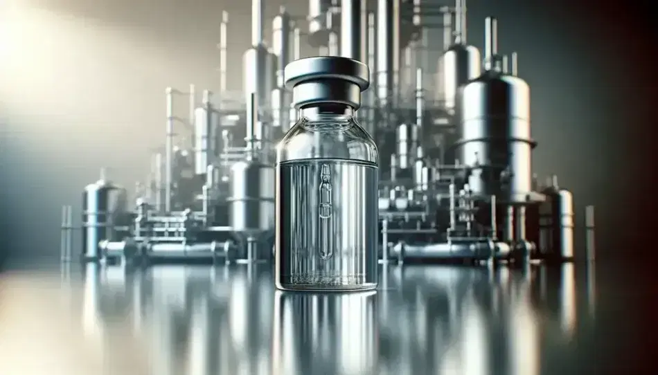 Transparent glass vial with colorless liquid on reflective metal surface, with blurred industrial plant background.