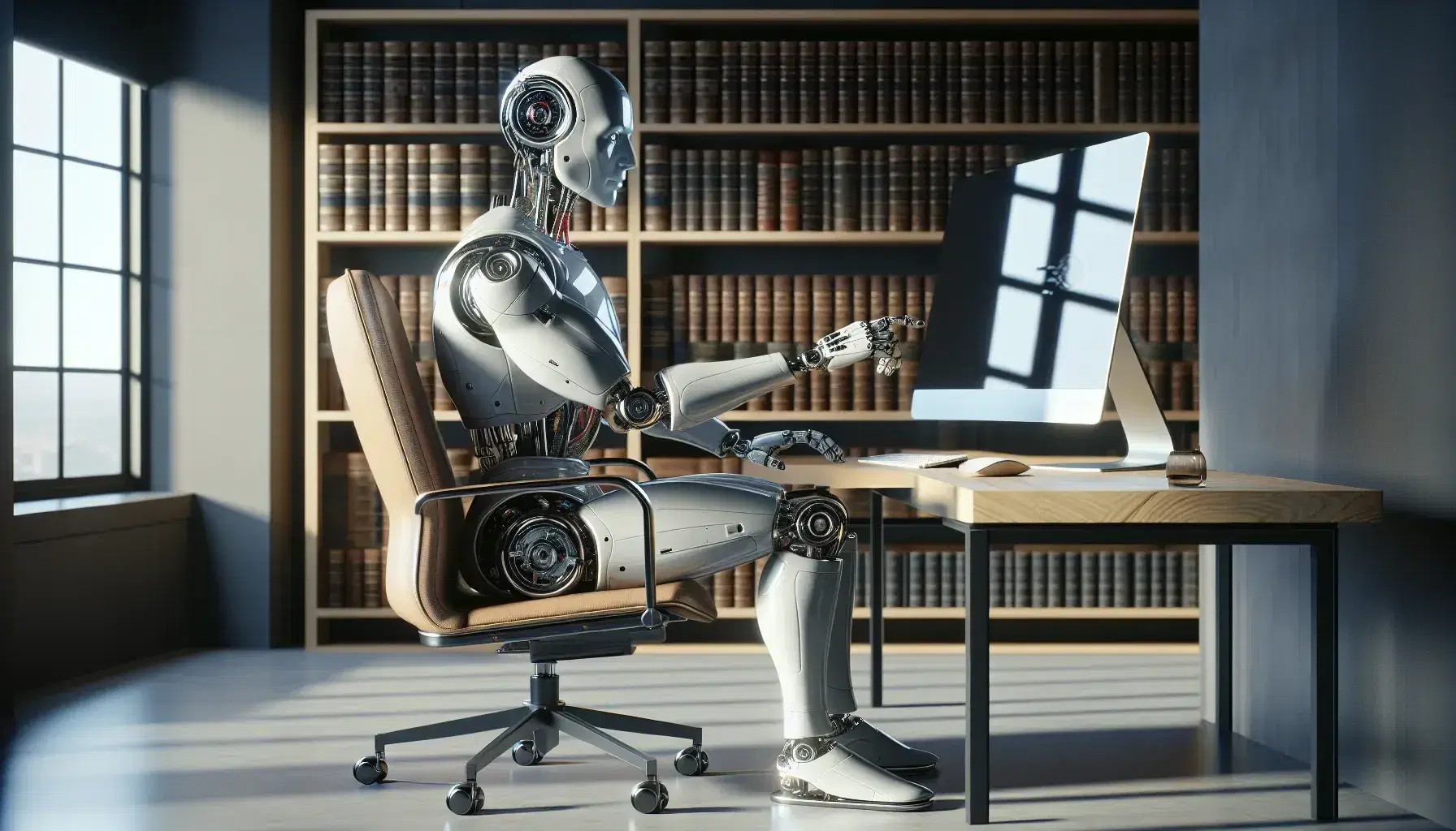 Robot umanoide argenteo seduto alla scrivania, manovra mouse e tastiera, circondato da libri e illuminato da luce naturale.