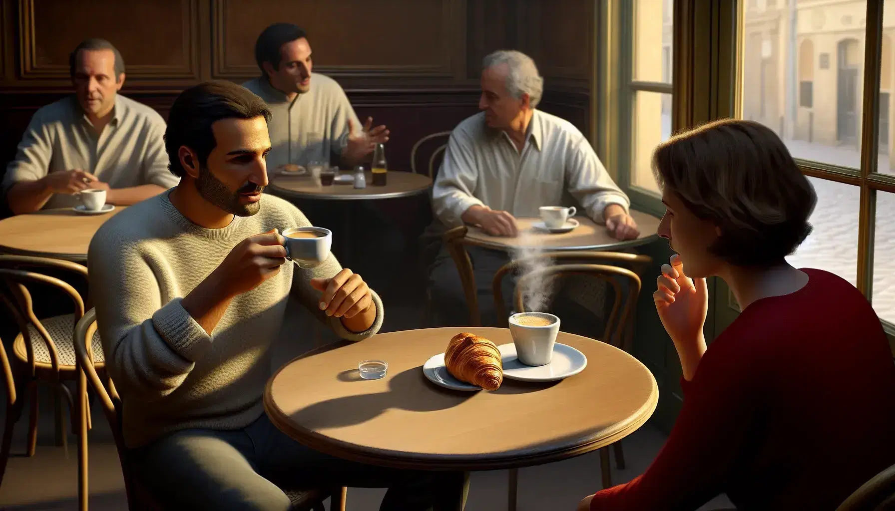 Traditional French café scene with a polished wooden table featuring a steaming coffee cup and flaky croissant, with two patrons engaged in conversation.