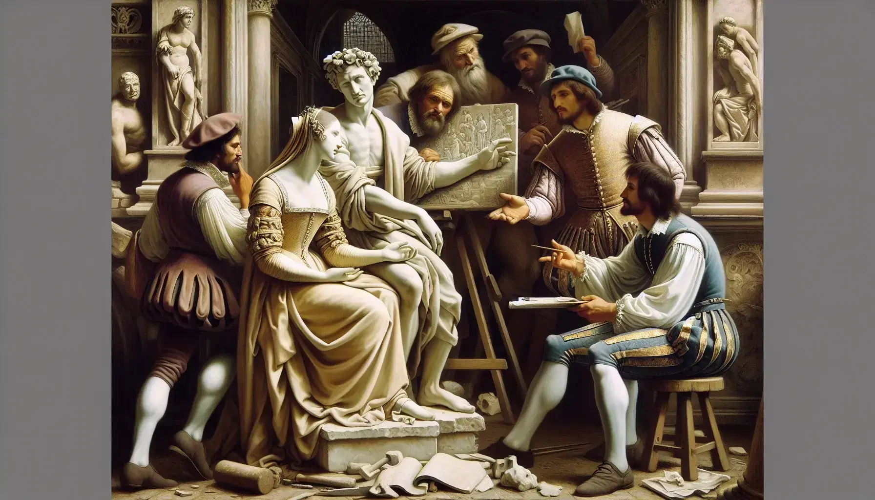 Oil painting depicting a Renaissance scene with three people in discussion, sculptor at work and artist painting, under an open loggia.