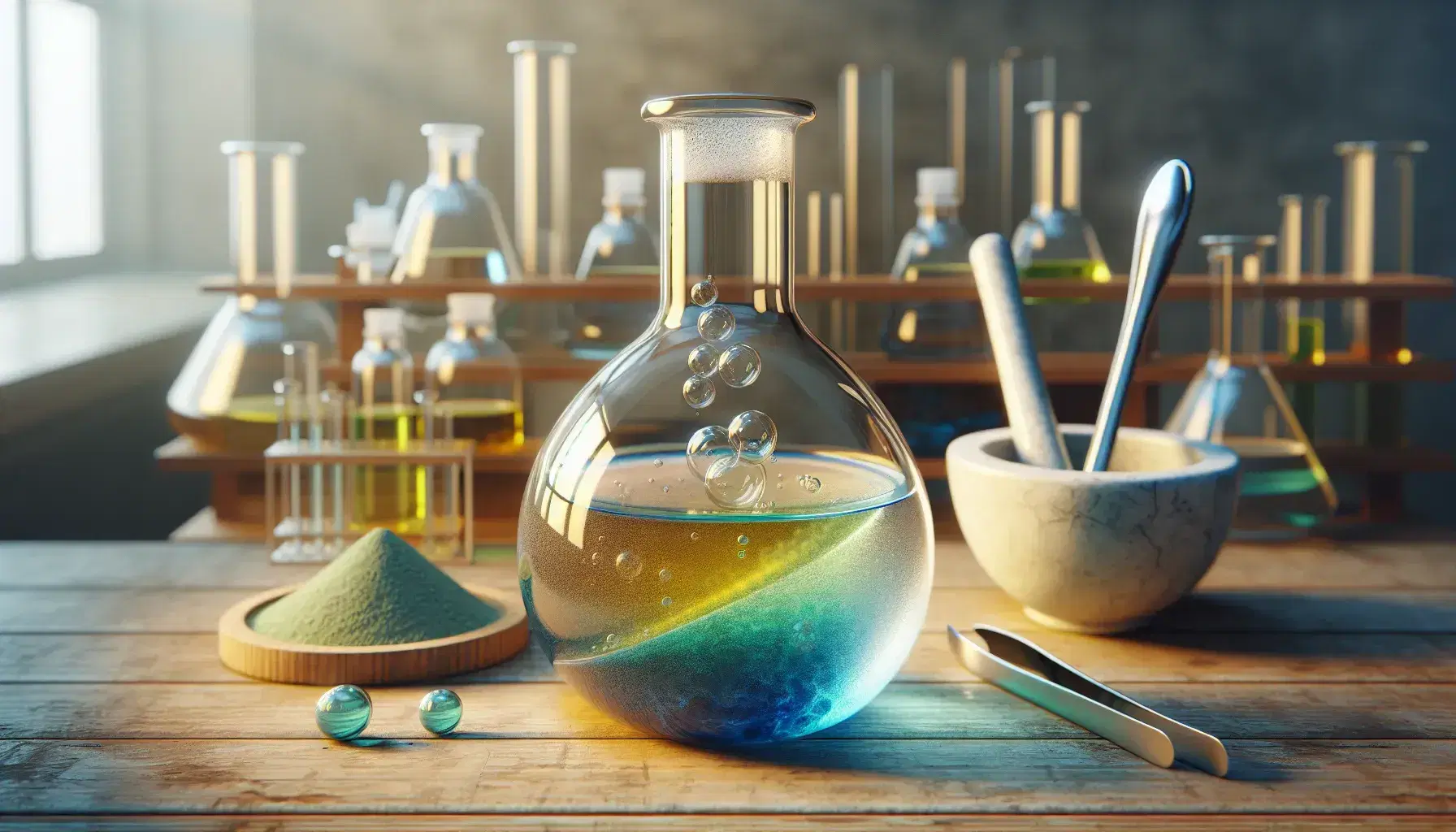 Glass flask with colorful chemical reaction, blue and yellow layer with bubbles, mortar with green powder and silver tongs on laboratory bench.