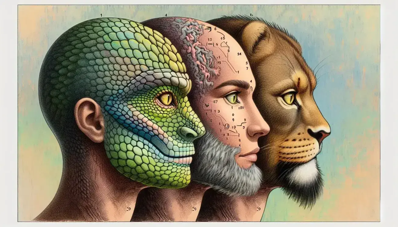 Tres cabezas superpuestas de perfil: reptil verde con ojos amarillos, mamífero marrón con ojos oscuros y humano con piel neutra y cabello castaño, representando la evolución cerebral.
