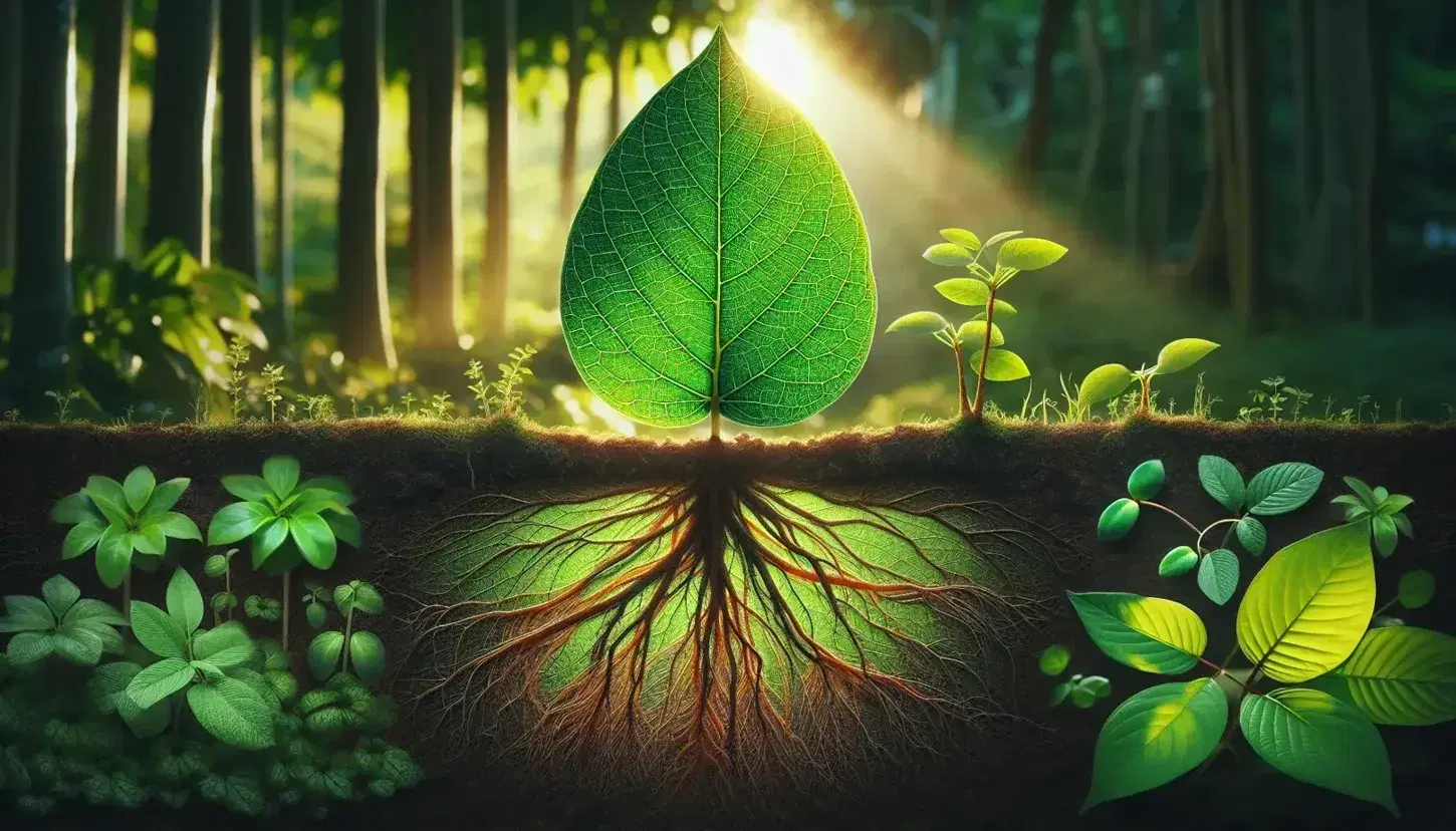Hoja verde brillante en primer plano con textura detallada y venas visibles, iluminada por el sol, sobre fondo desenfocado de vegetación y planta con raíces expuestas en suelo húmedo.