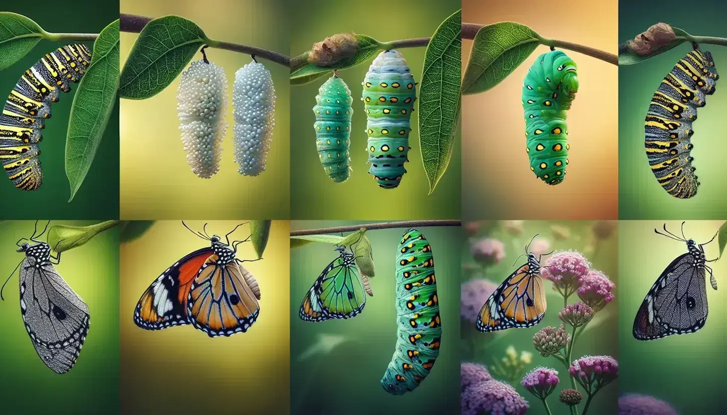 Secuencia del ciclo de vida de una mariposa, desde huevos en hoja verde hasta oruga, crisálida y mariposa adulta en flores lilas.