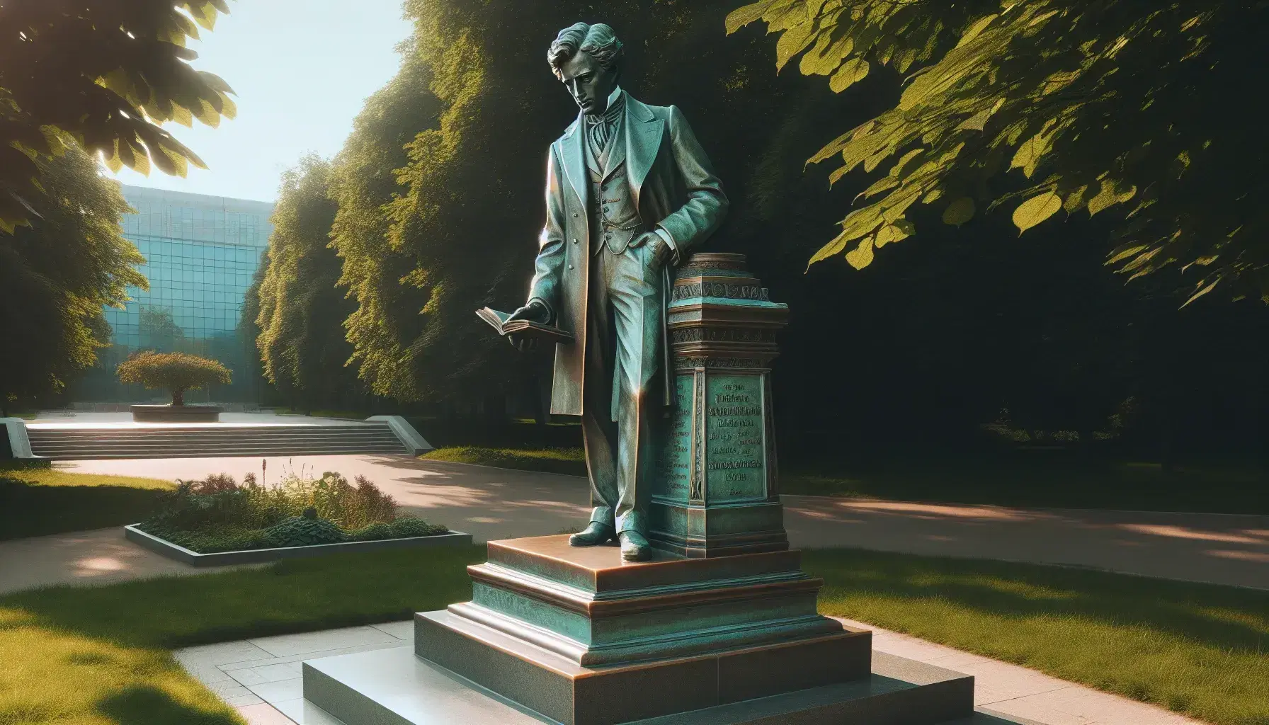 Estatua de bronce de hombre en traje del siglo XX con libro abierto y mano en el mentón, en parque soleado con árboles y cielo azul.