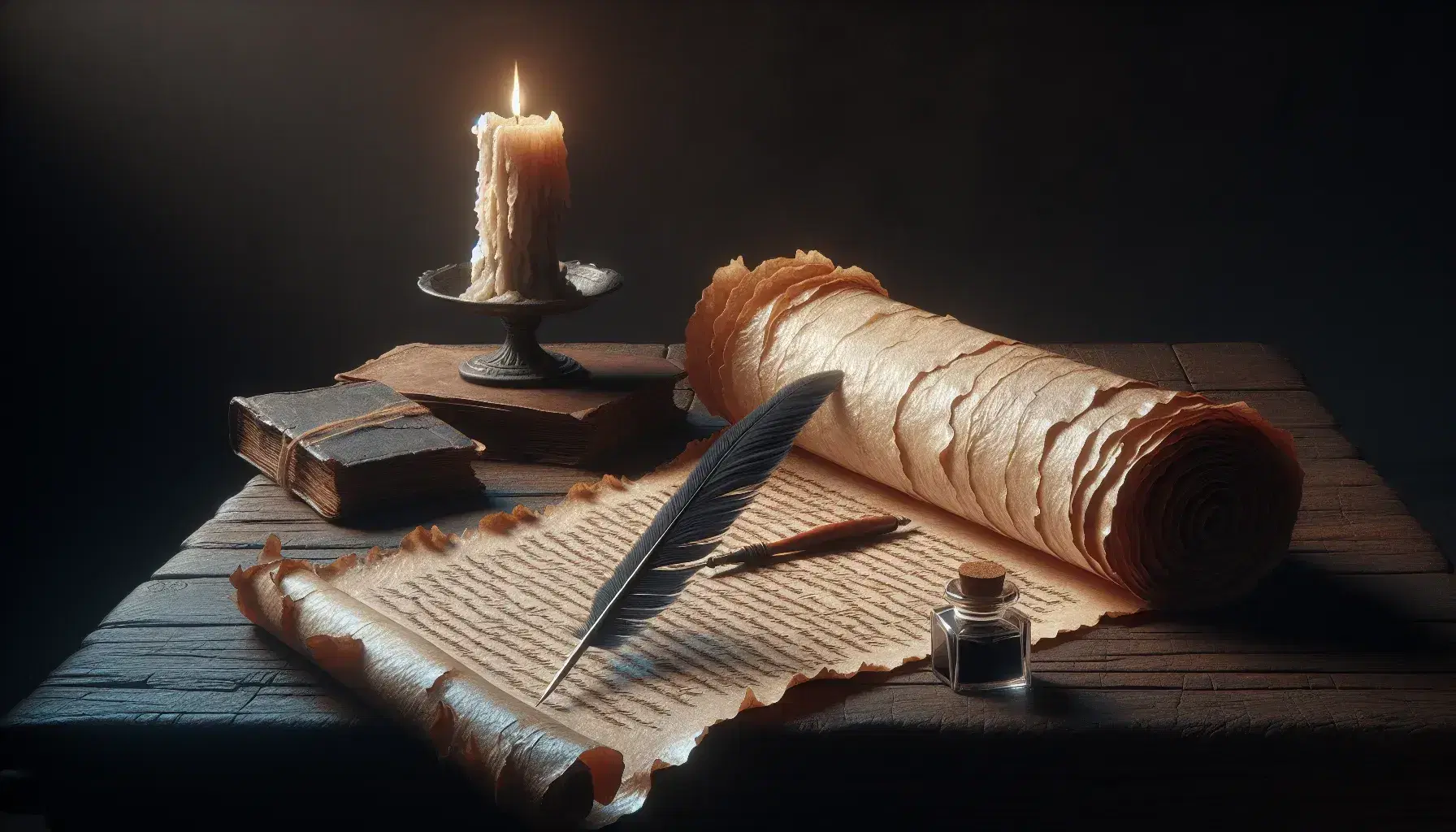 Mesa de madera antigua con pergamino, pluma de ave y tintero junto a vela encendida en candelabro, evocando escritura clásica.