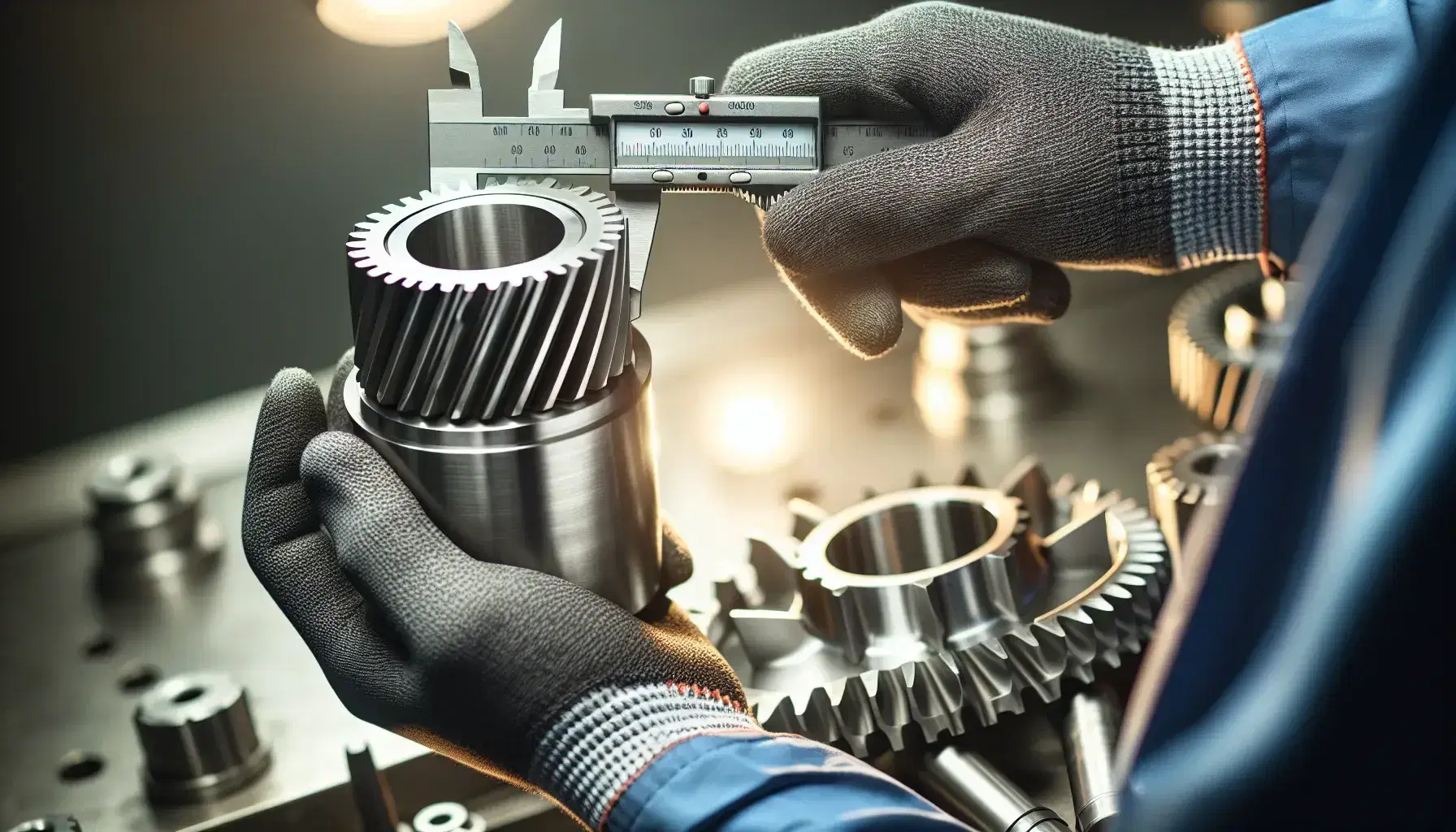 Mechanical engineer using stainless steel calipers to measure the diameter of a polished metallic gear in an industrial workshop setting.