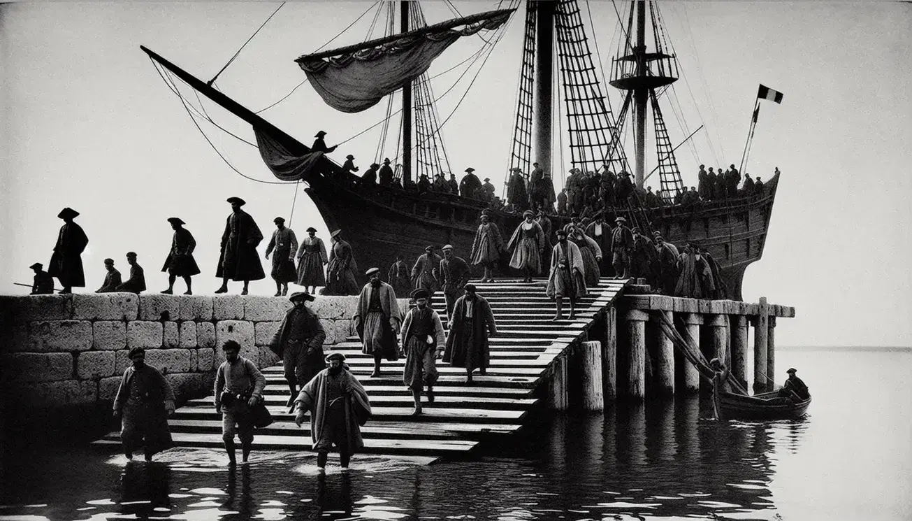 Sbarco dei Mille a Marsala, uomini in abiti d'epoca discendono da una nave a vela su un molo, mare calmo e cielo sereno.